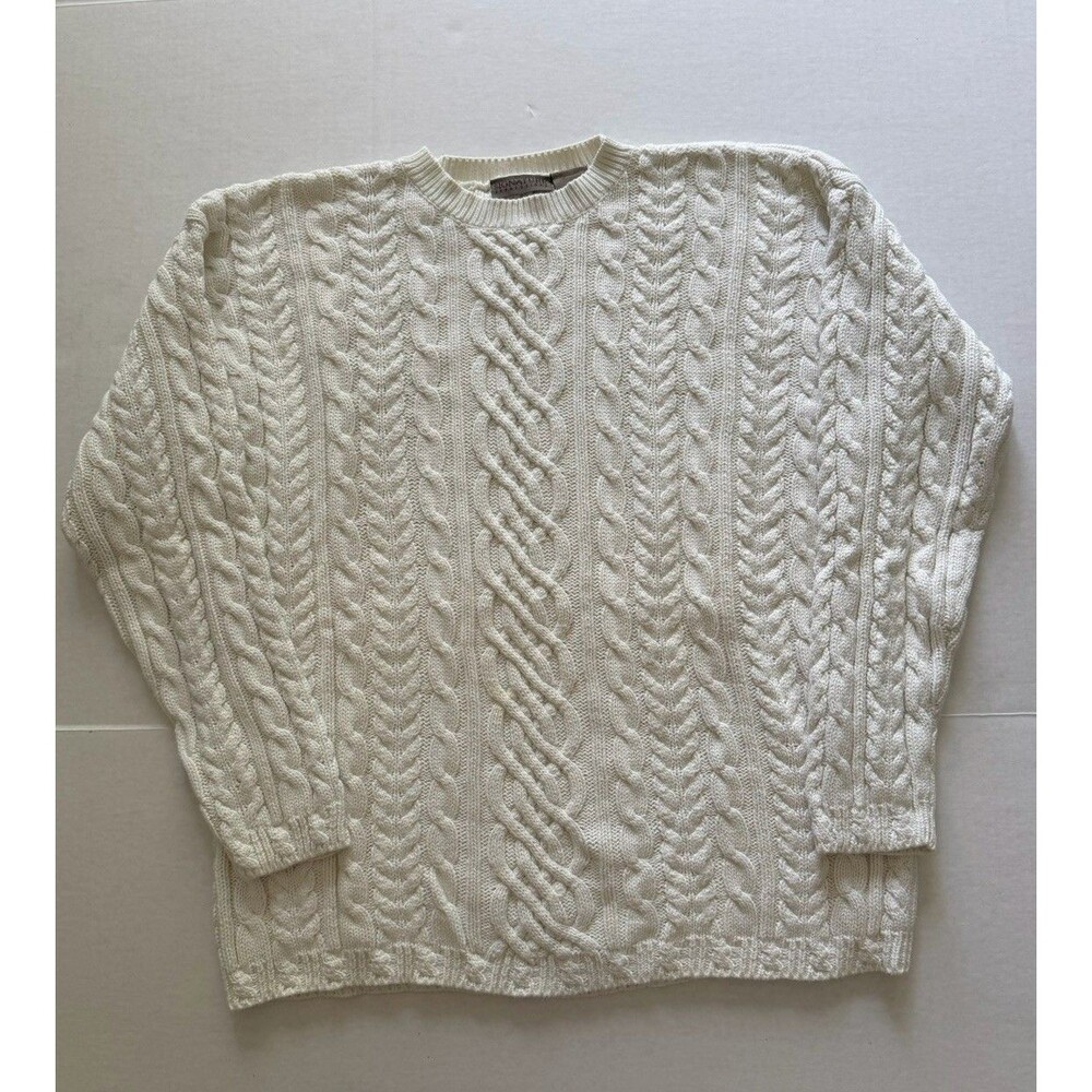 Signature Expressions Women’s 100% Cotton White Cable Knit Sweater Size L